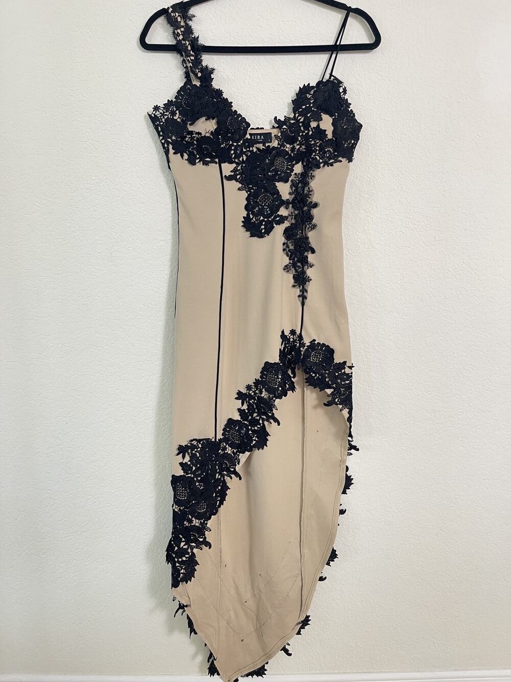 The Akira Label Paloma Asymmetrical Lace Detail Midi Dress BeigeBlack Size Small